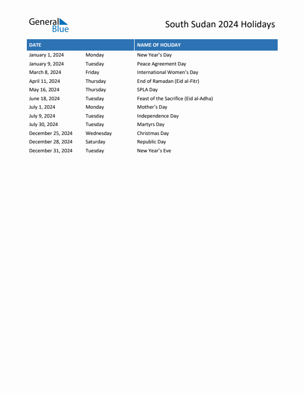 Free printable list of South Sudan holidays for year 2024