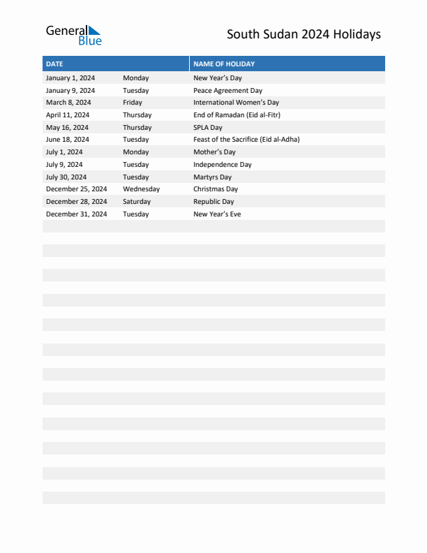 Free printable list of South Sudan holidays for year 2024