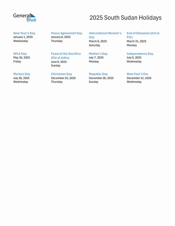 Free printable list of South Sudan holidays for year 2025
