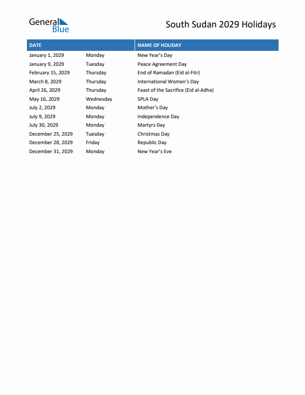 Free printable list of South Sudan holidays for year 2029