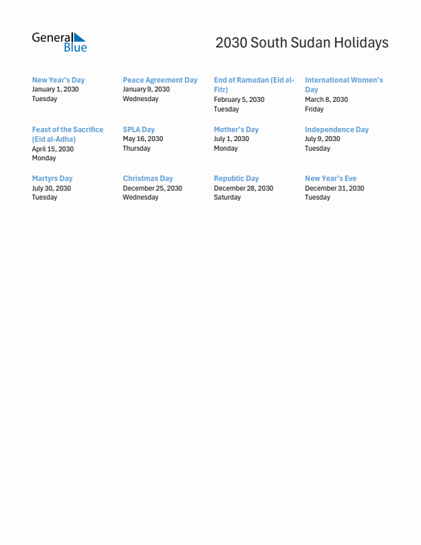 Free printable list of South Sudan holidays for year 2030