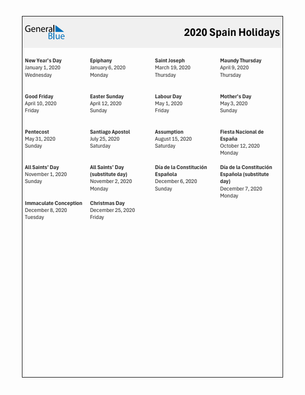 Free printable list of Spain holidays for year 2020