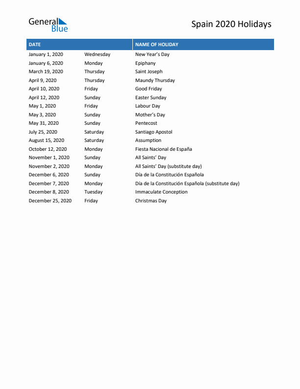 Free printable list of Spain holidays for year 2020