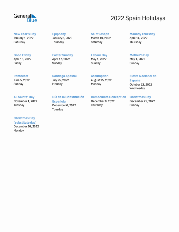 Free printable list of Spain holidays for year 2022