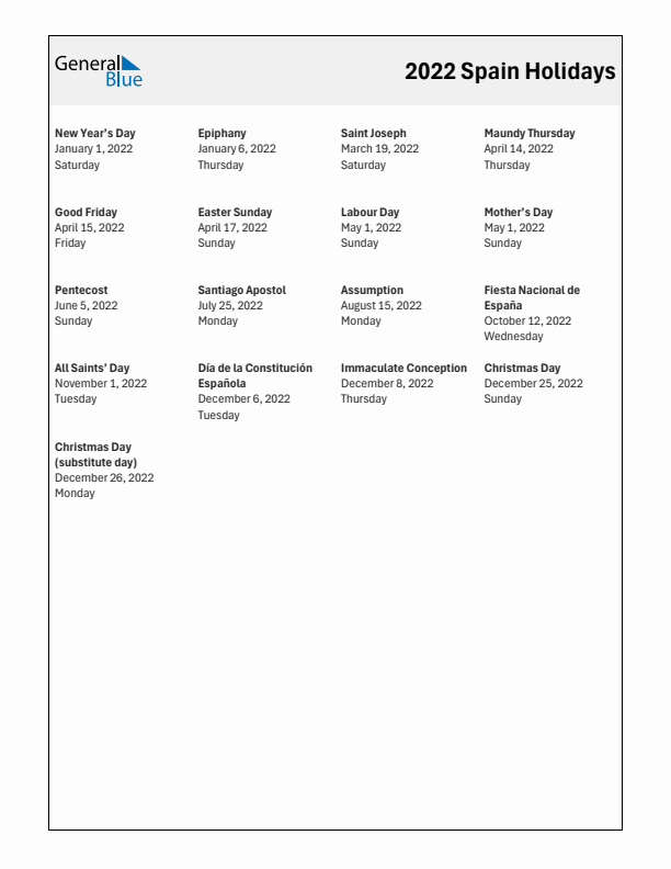 Free printable list of Spain holidays for year 2022