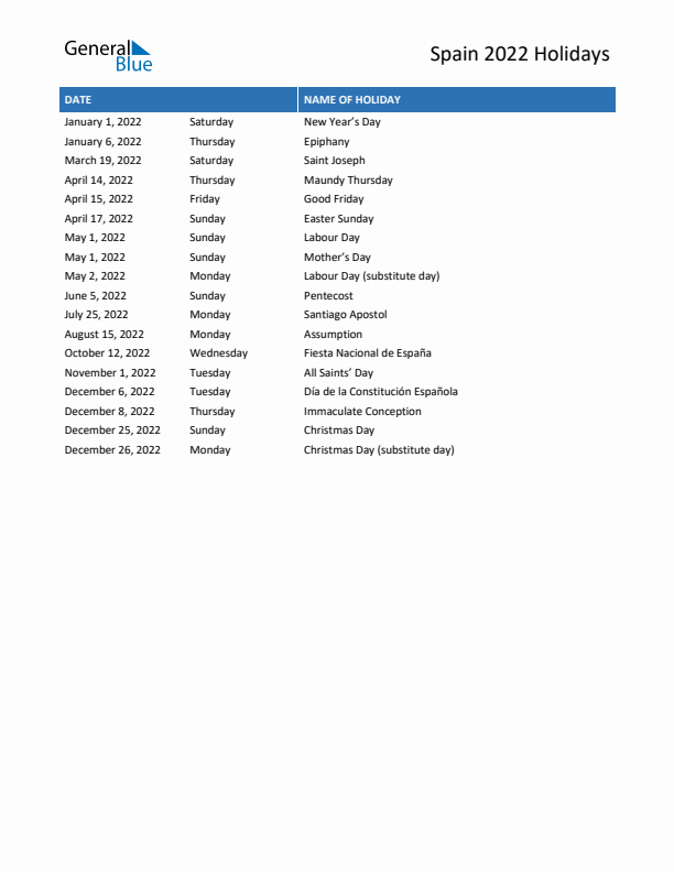 Free printable list of Spain holidays for year 2022