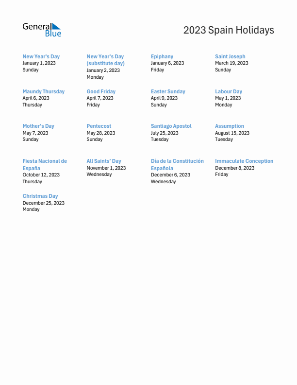 Free printable list of Spain holidays for year 2023