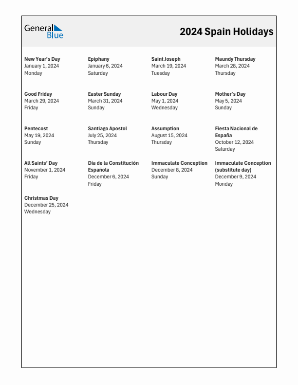 Free printable list of Spain holidays for year 2024