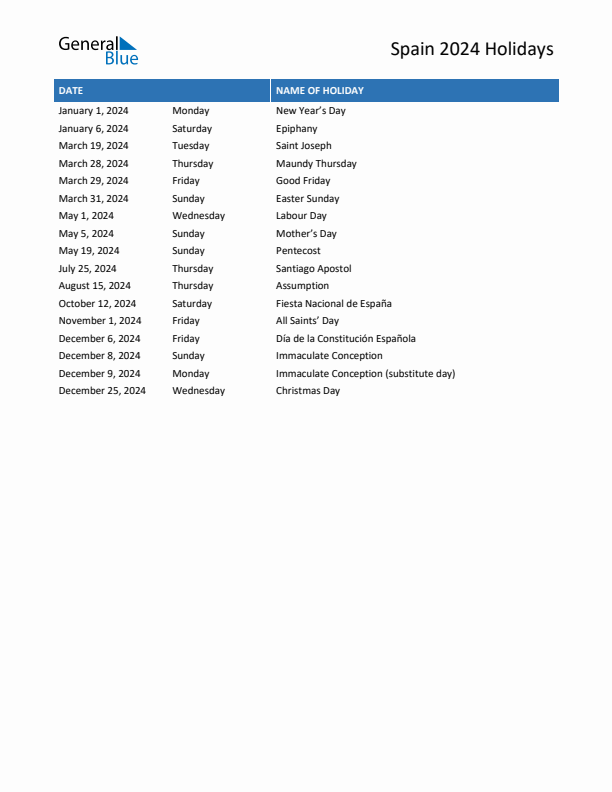 Free printable list of Spain holidays for year 2024