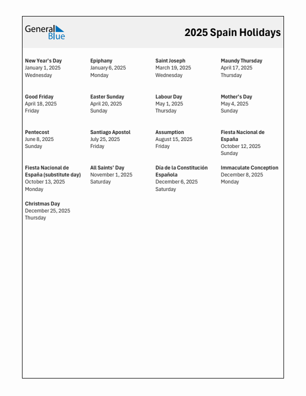 Free printable list of Spain holidays for year 2025