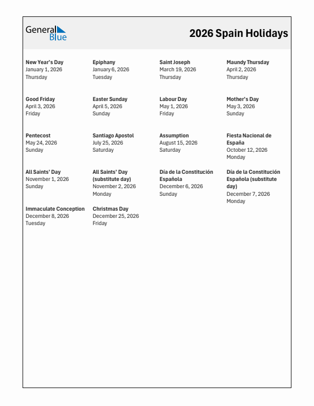 Free printable list of Spain holidays for year 2026