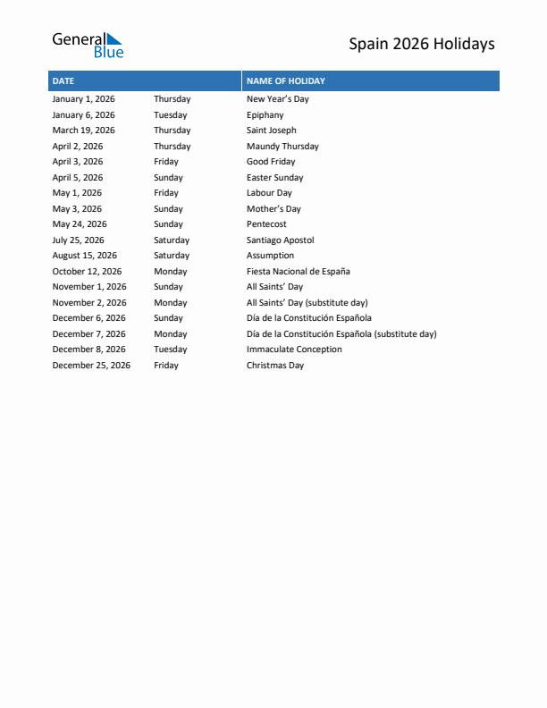 Free printable list of Spain holidays for year 2026