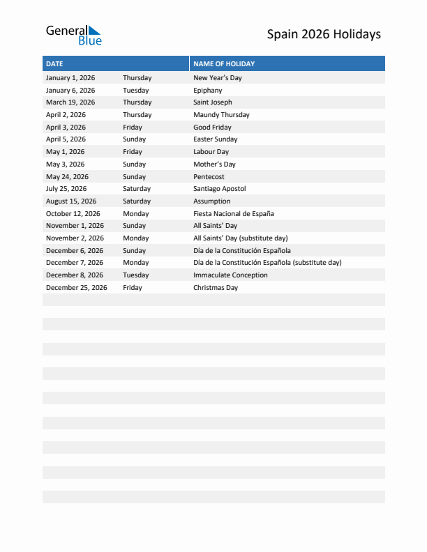 Free printable list of Spain holidays for year 2026