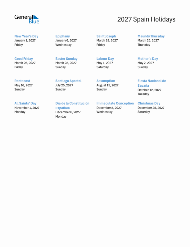 Free printable list of Spain holidays for year 2027