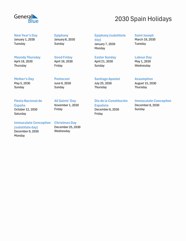 Free printable list of Spain holidays for year 2030