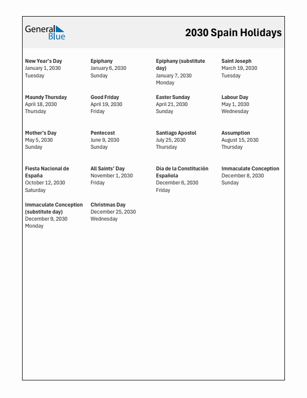 Free printable list of Spain holidays for year 2030