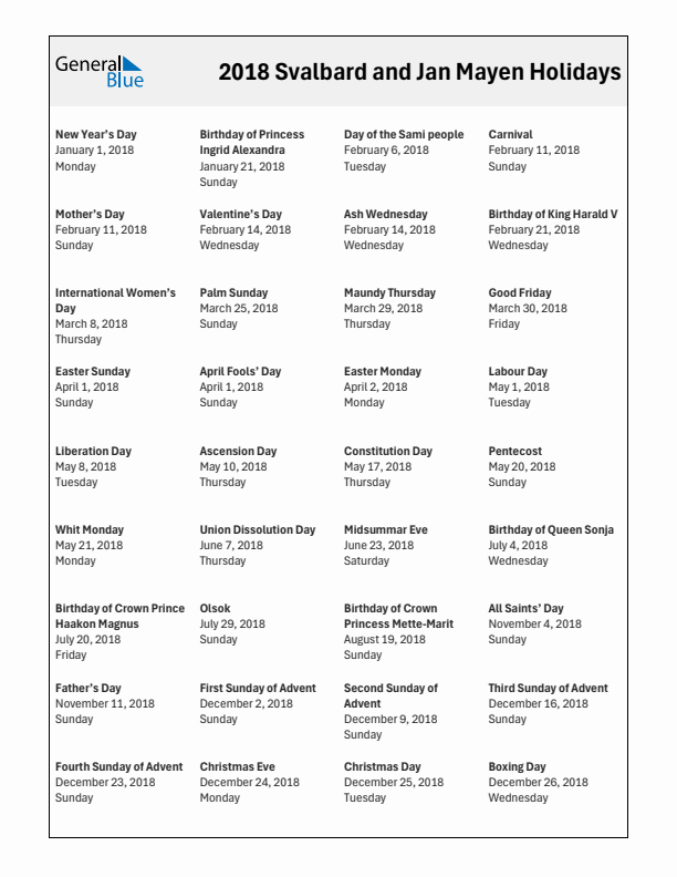 Free printable list of Svalbard and Jan Mayen holidays for year 2018