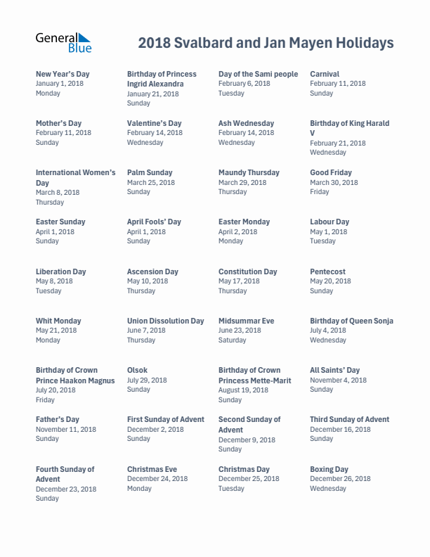 Free printable list of Svalbard and Jan Mayen holidays for year 2018