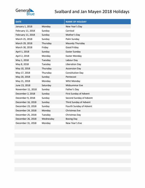 Free printable list of Svalbard and Jan Mayen holidays for year 2018