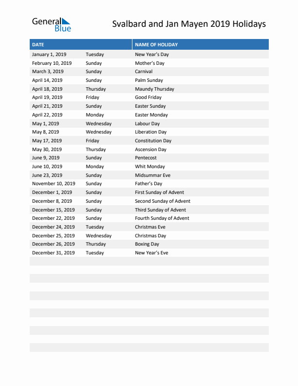 Free printable list of Svalbard and Jan Mayen holidays for year 2019