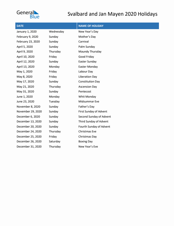 Free printable list of Svalbard and Jan Mayen holidays for year 2020