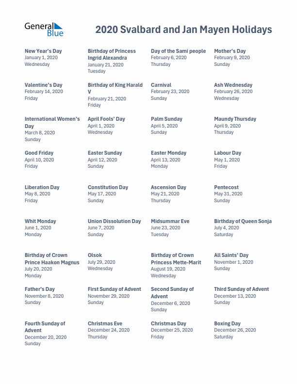 Free printable list of Svalbard and Jan Mayen holidays for year 2020