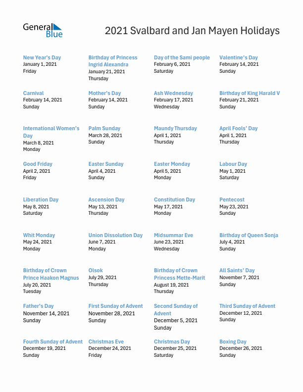 Free printable list of Svalbard and Jan Mayen holidays for year 2021