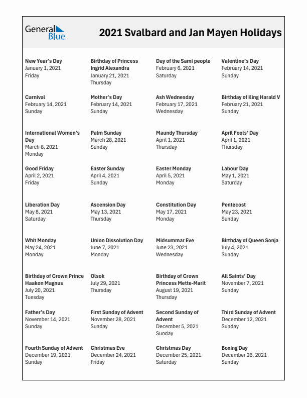 Free printable list of Svalbard and Jan Mayen holidays for year 2021