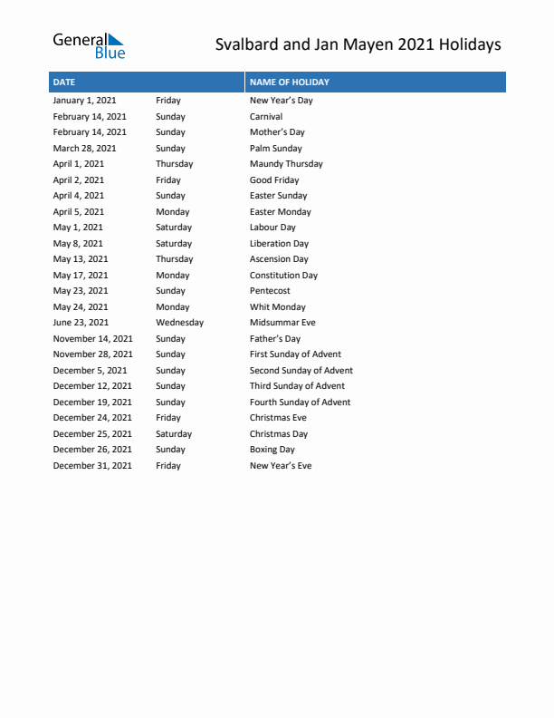 Free printable list of Svalbard and Jan Mayen holidays for year 2021