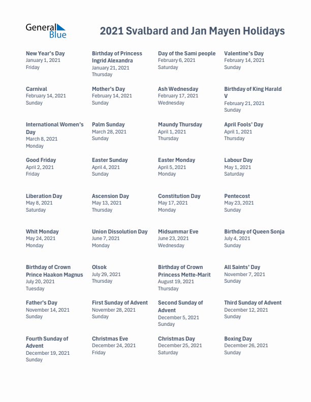 Free printable list of Svalbard and Jan Mayen holidays for year 2021