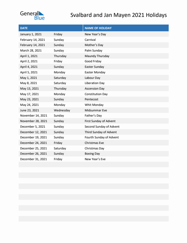Free printable list of Svalbard and Jan Mayen holidays for year 2021