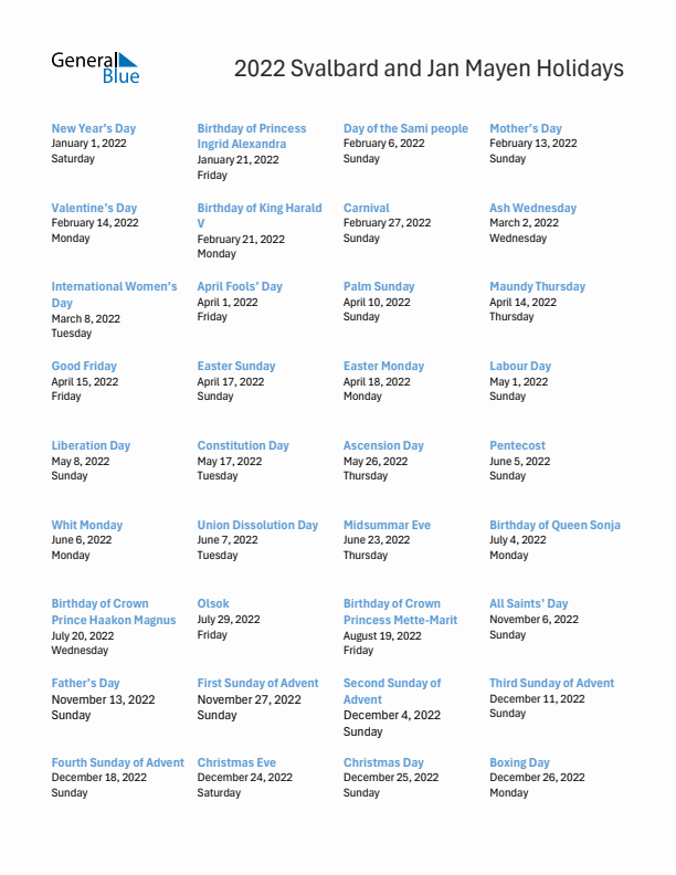 Free printable list of Svalbard and Jan Mayen holidays for year 2022
