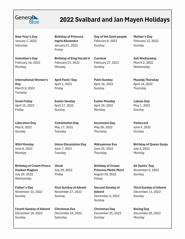 Free printable list of Svalbard and Jan Mayen holidays for year 2022