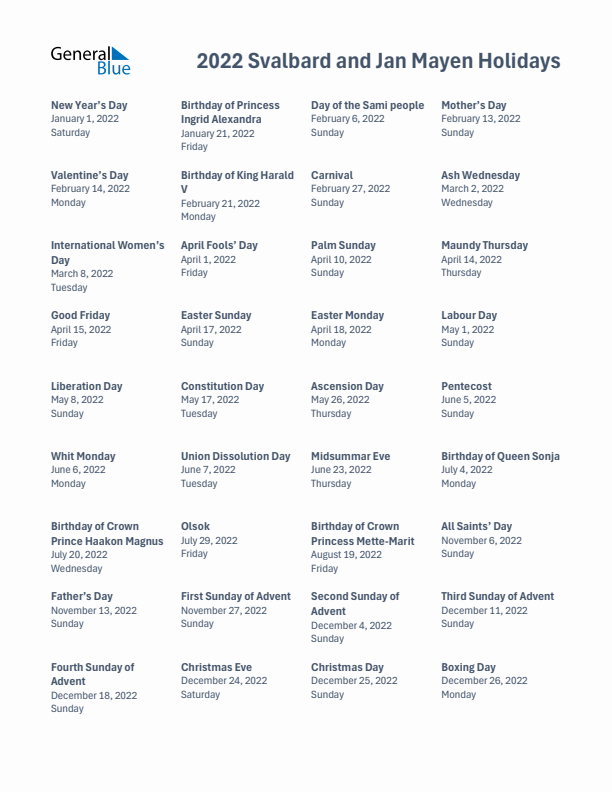 Free printable list of Svalbard and Jan Mayen holidays for year 2022