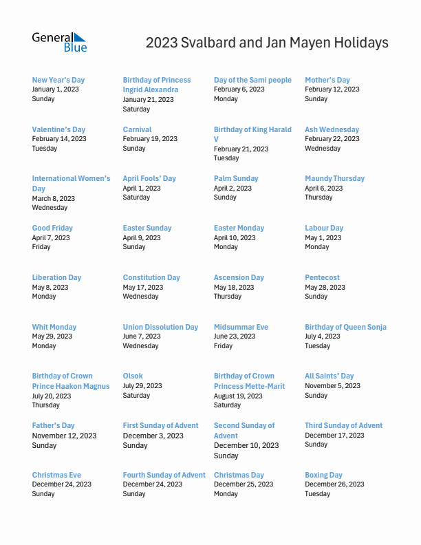 Free printable list of Svalbard and Jan Mayen holidays for year 2023