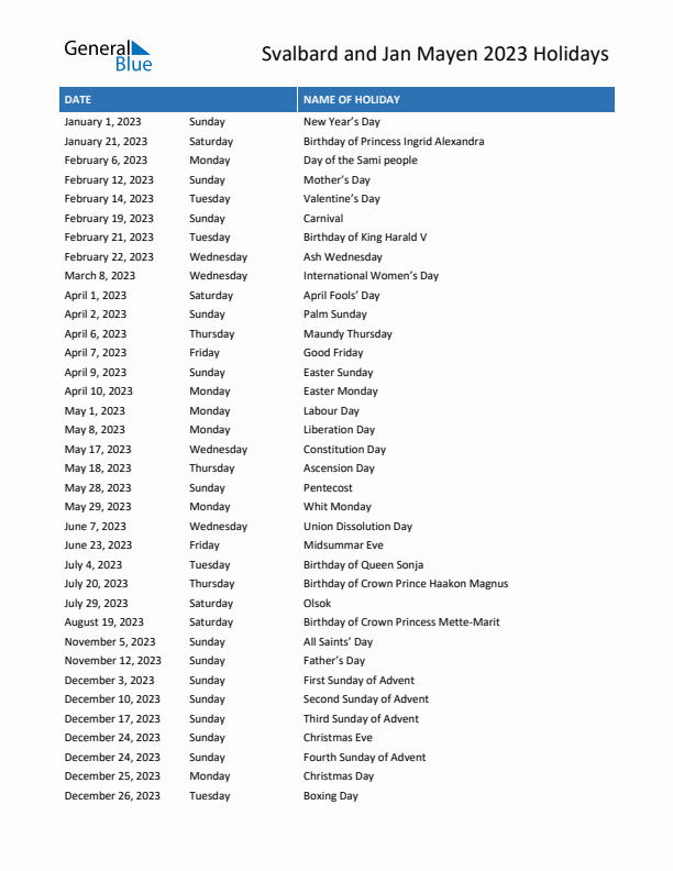 Free printable list of Svalbard and Jan Mayen holidays for year 2023