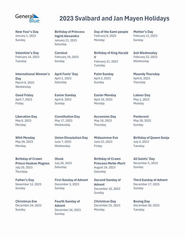 Free printable list of Svalbard and Jan Mayen holidays for year 2023