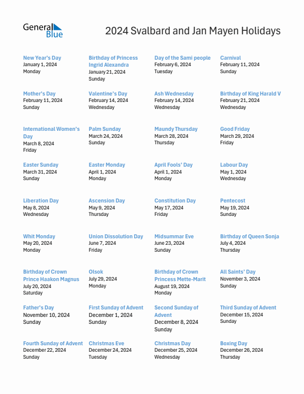 Free printable list of Svalbard and Jan Mayen holidays for year 2024