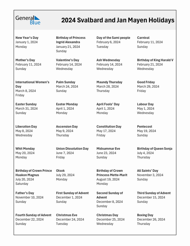 Free printable list of Svalbard and Jan Mayen holidays for year 2024