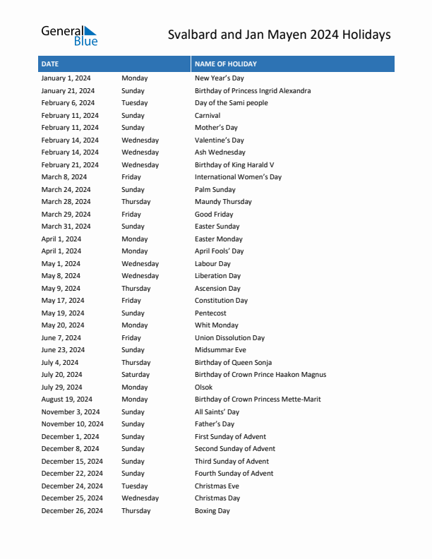 Free printable list of Svalbard and Jan Mayen holidays for year 2024