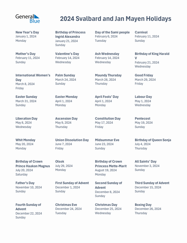 Free printable list of Svalbard and Jan Mayen holidays for year 2024