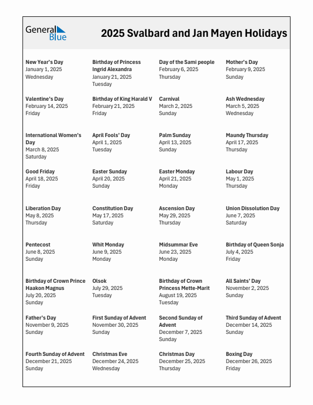 Free printable list of Svalbard and Jan Mayen holidays for year 2025