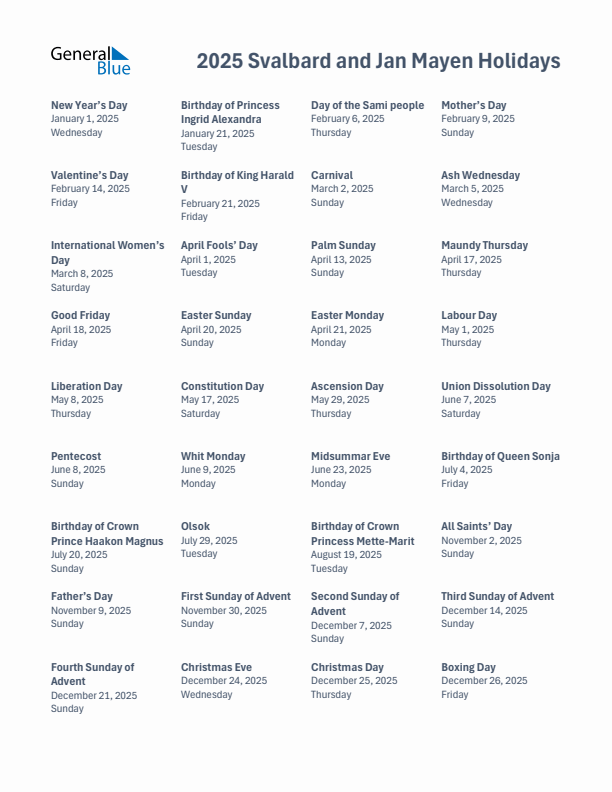 Free printable list of Svalbard and Jan Mayen holidays for year 2025