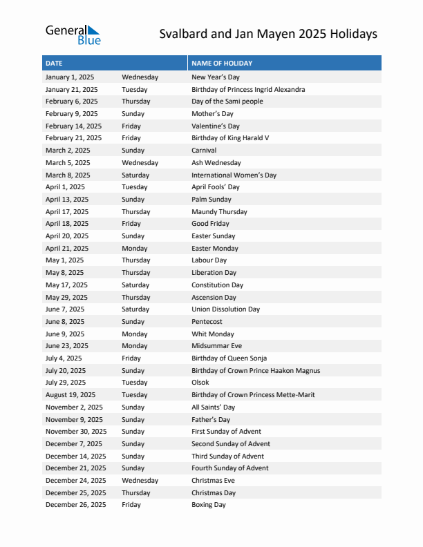 Free printable list of Svalbard and Jan Mayen holidays for year 2025