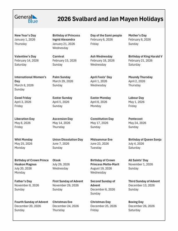 Free printable list of Svalbard and Jan Mayen holidays for year 2026