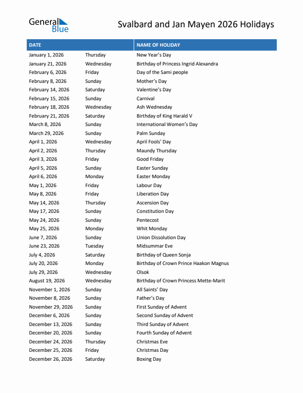 Free printable list of Svalbard and Jan Mayen holidays for year 2026