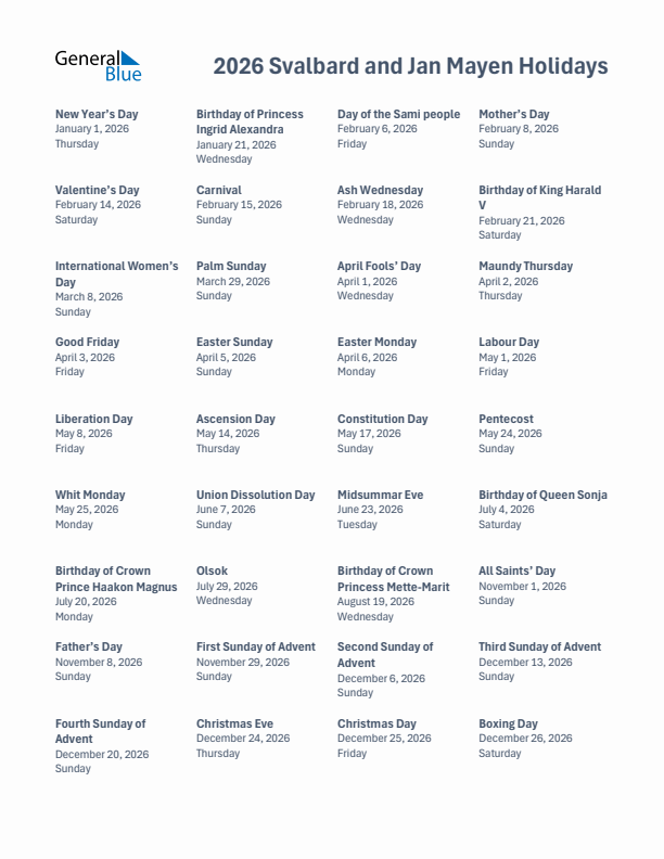 Free printable list of Svalbard and Jan Mayen holidays for year 2026