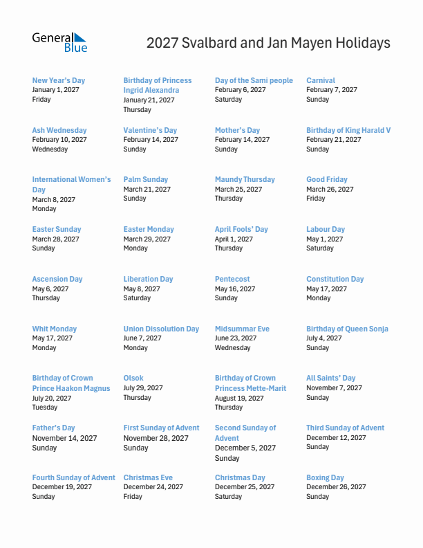 Free printable list of Svalbard and Jan Mayen holidays for year 2027