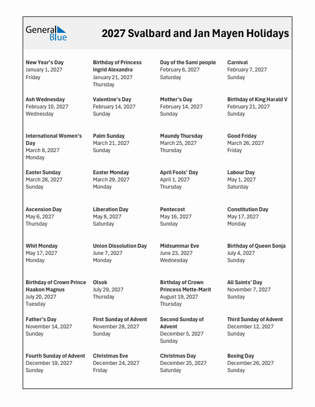 Free printable list of Svalbard and Jan Mayen holidays for year 2027