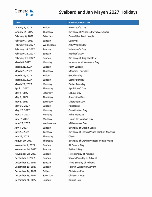 Free printable list of Svalbard and Jan Mayen holidays for year 2027